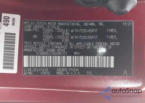 2022 Toyota Sienna Le from USA, damaged, VIN 5TDBRKEC7NS086151